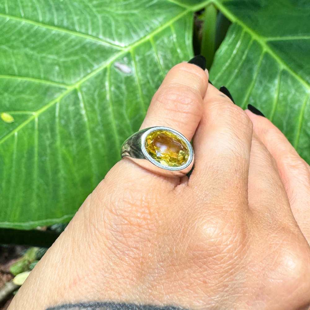 925 Silver Ring Flux Natural Green Gold Stone | Organique Collection
