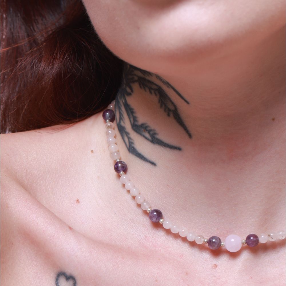 Amethyst and Rose Quartz Necklace 35cm Adjustable Noble Silver