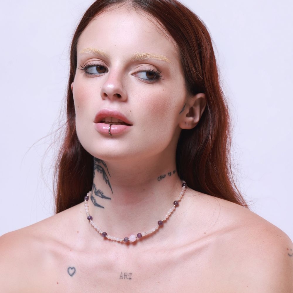 Amethyst and Rose Quartz Necklace 35cm Adjustable Noble Silver