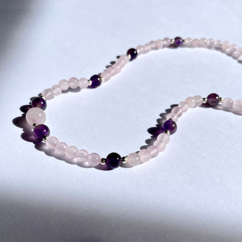 Amethyst and Rose Quartz Necklace 35cm Adjustable Noble Silver