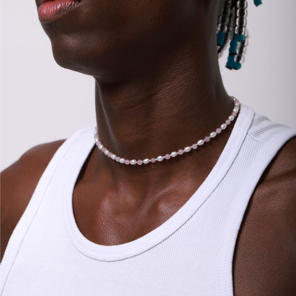 Natural Pearls and Rose Quartz Necklace 925 Silver