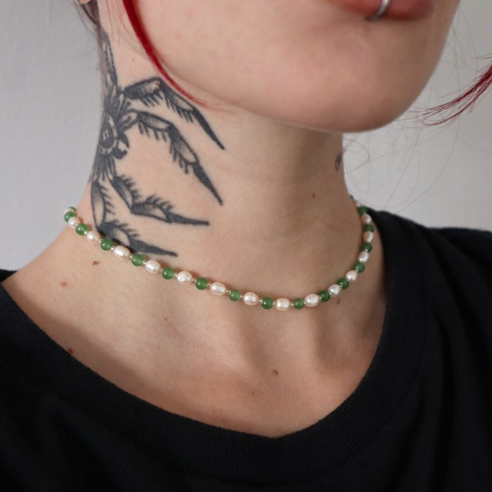 Natural Pearls and Green Quartz Necklace 925 Silver