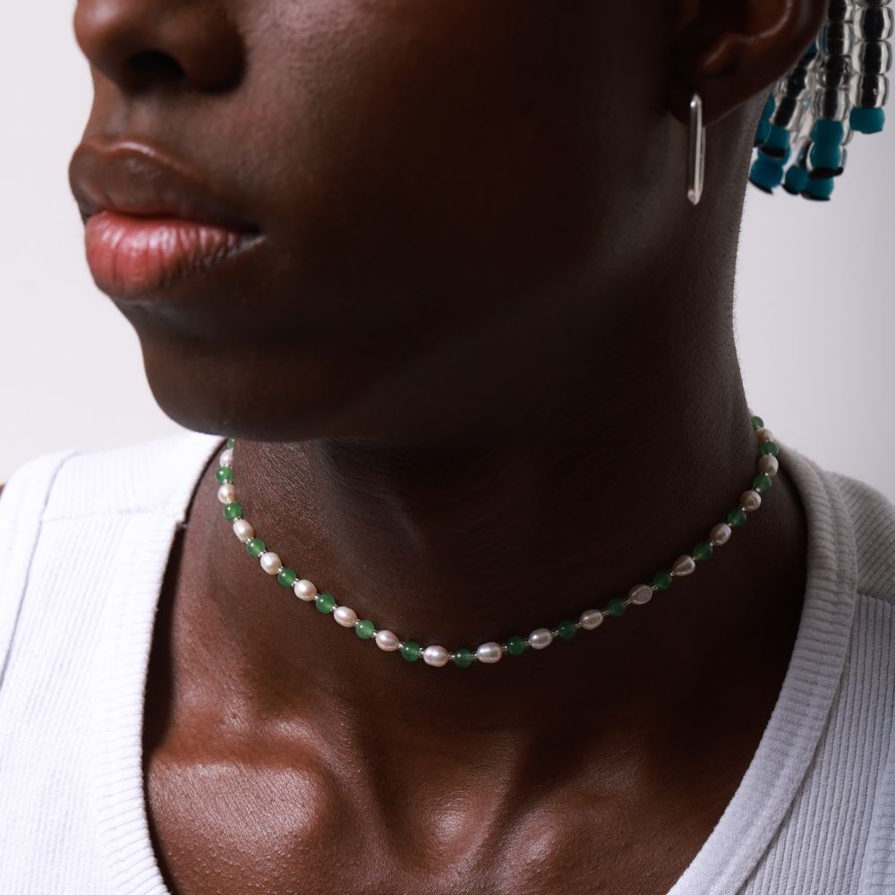 Natural Pearls and Green Quartz Necklace 925 Silver