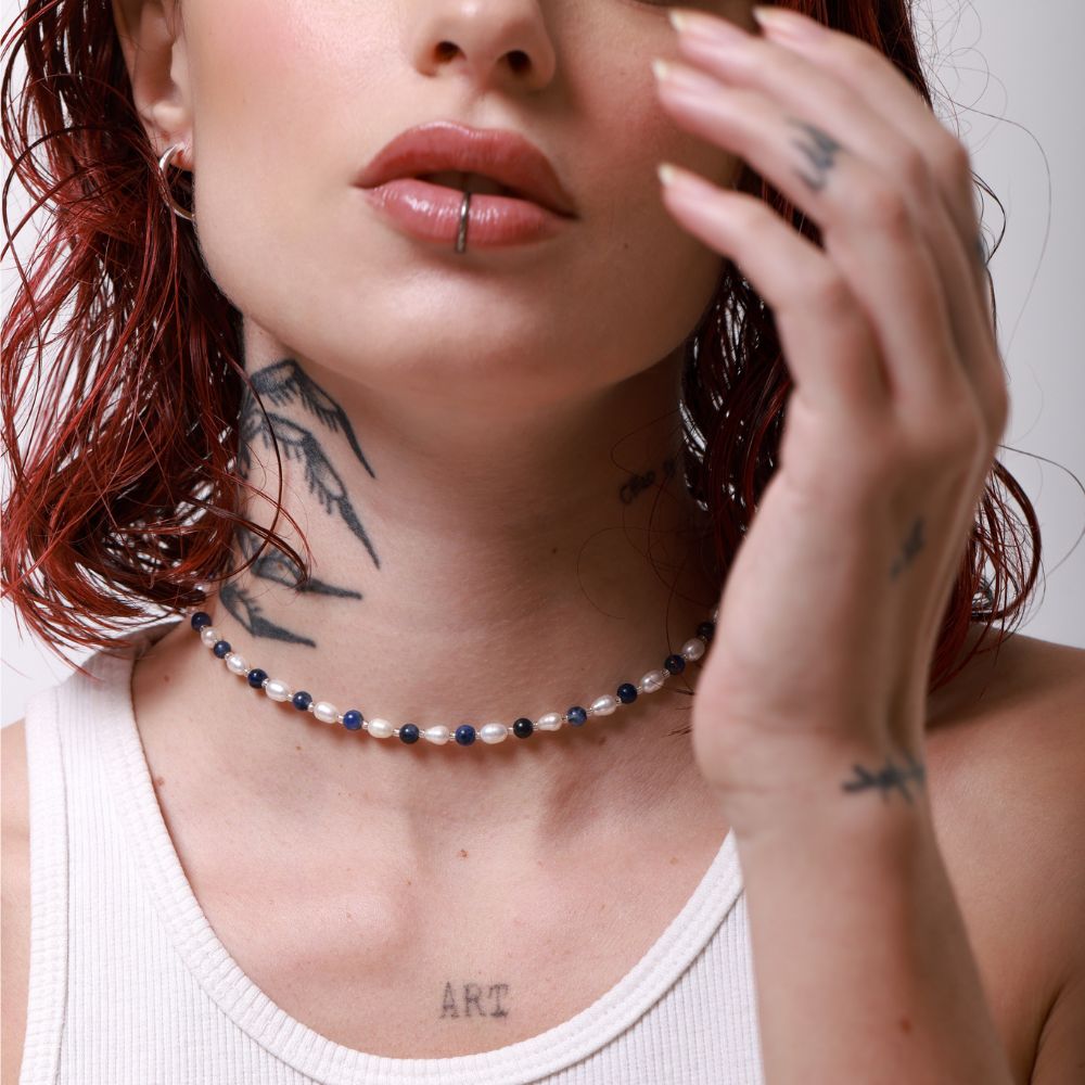 Natural Pearls and Sodalite Necklace 925 Silver