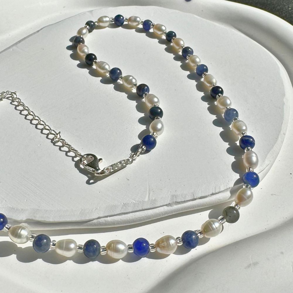 Natural Pearls and Sodalite Necklace 925 Silver