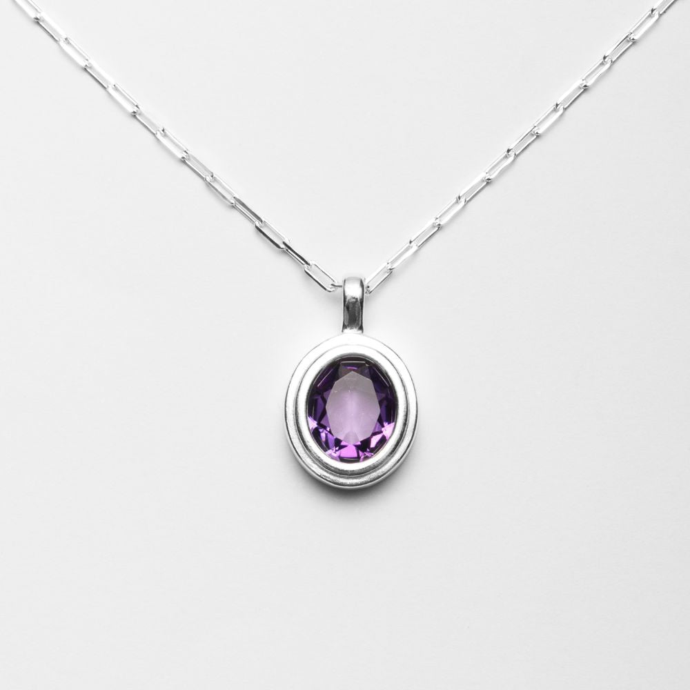 Silver Necklace with Natural Amethyst Oval Medallion