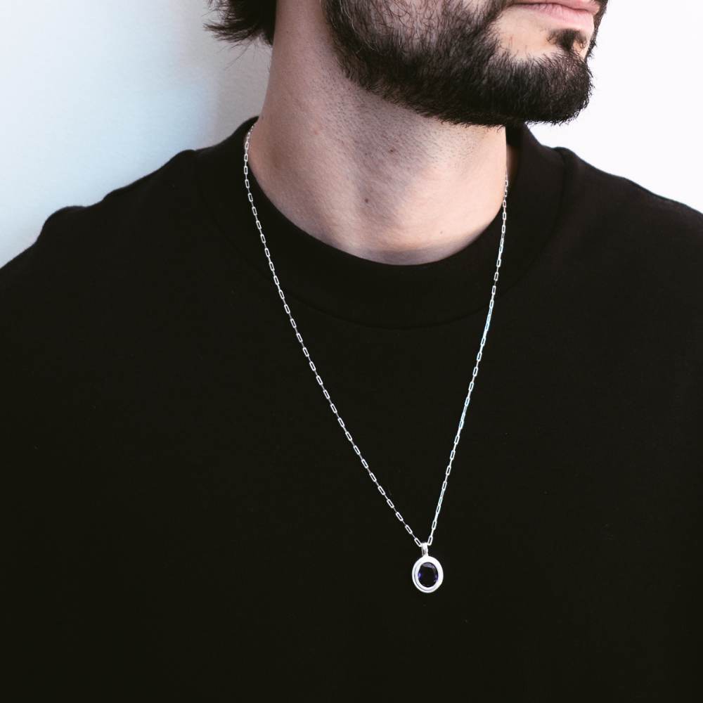 Silver Necklace with Natural Amethyst Oval Medallion