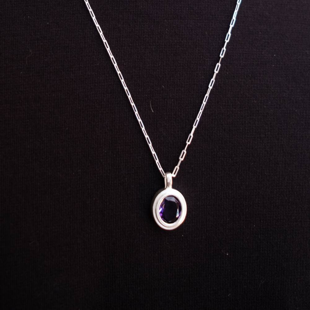 Silver Necklace with Natural Amethyst Oval Medallion