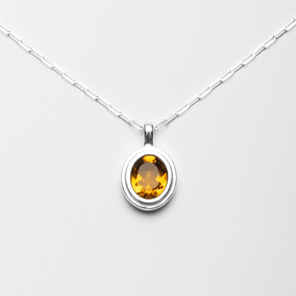 Silver Necklace with Natural Citrine Oval Medallion