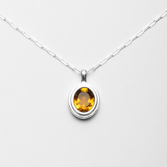 Silver Necklace with Natural Citrine Oval Medallion