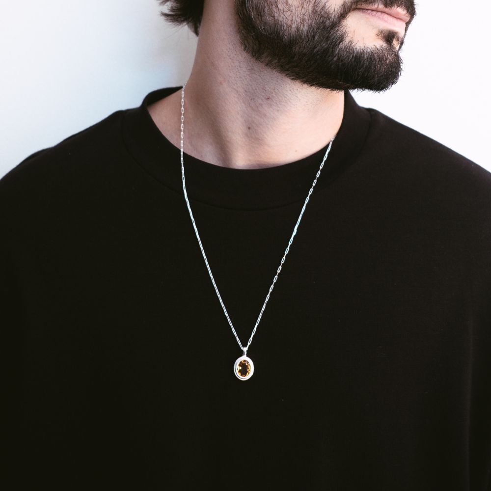 Silver Necklace with Natural Citrine Oval Medallion