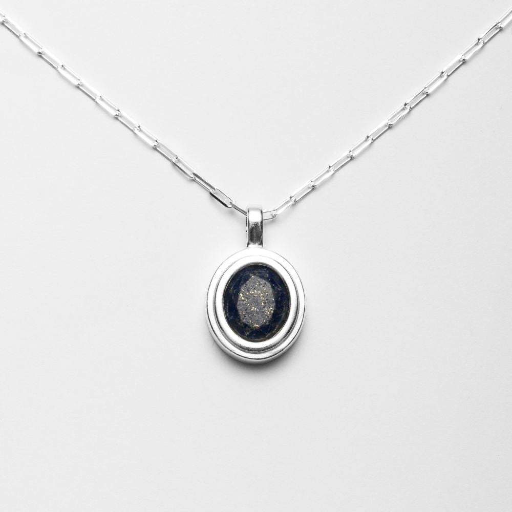 Silver Necklace with Natural Lapis Lazuli Oval Medallion
