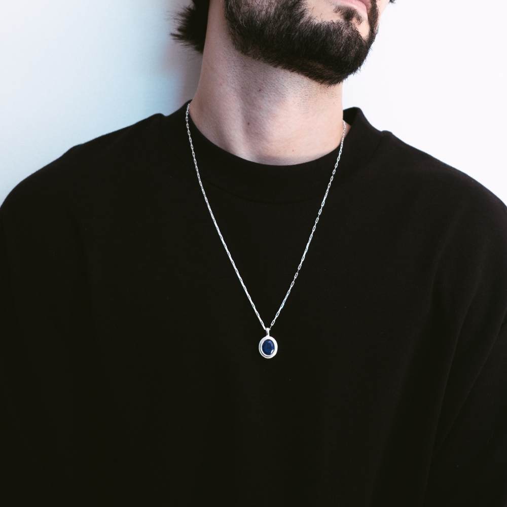 Silver Necklace with Natural Lapis Lazuli Oval Medallion