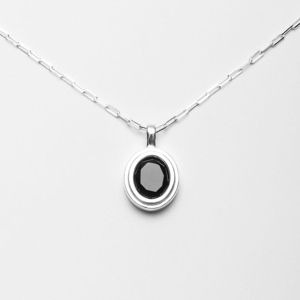 Silver Necklace with Natural Black Tourmaline Oval Medallion