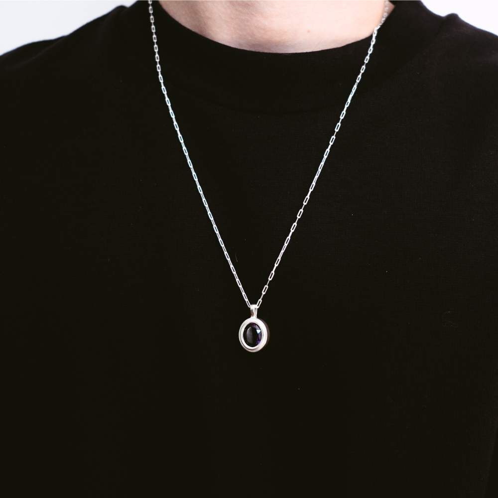 Silver Necklace with Natural Black Tourmaline Oval Medallion