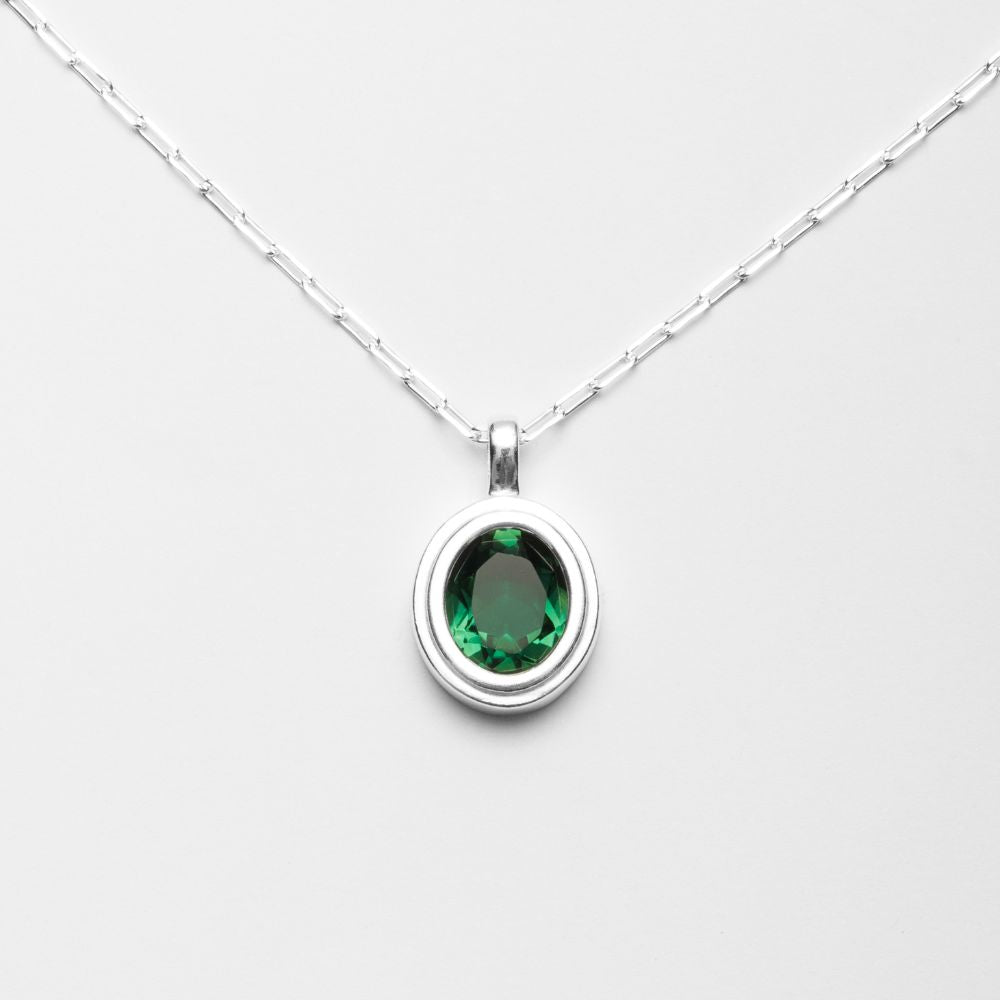 Silver Necklace with Natural Green Tourmaline Oval Medallion