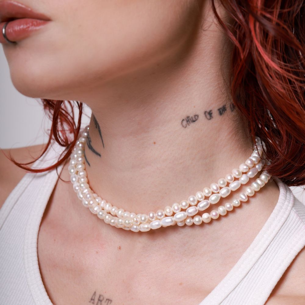 Triple Natural Pearl Necklace 925 Silver