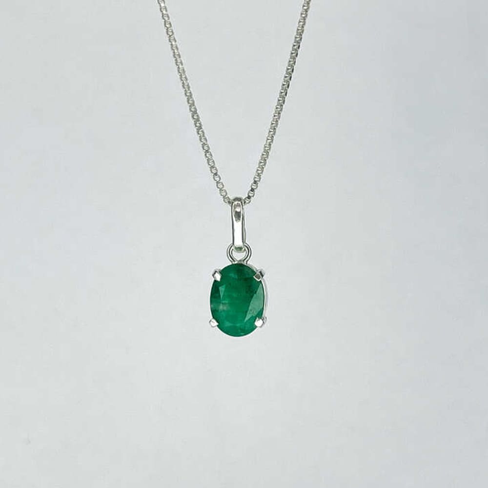 Silver Necklace with Natural Emerald Oval Stone | Aura Collection