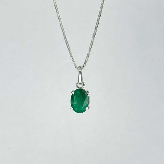 Silver Necklace with Natural Emerald Oval Stone | Aura Collection