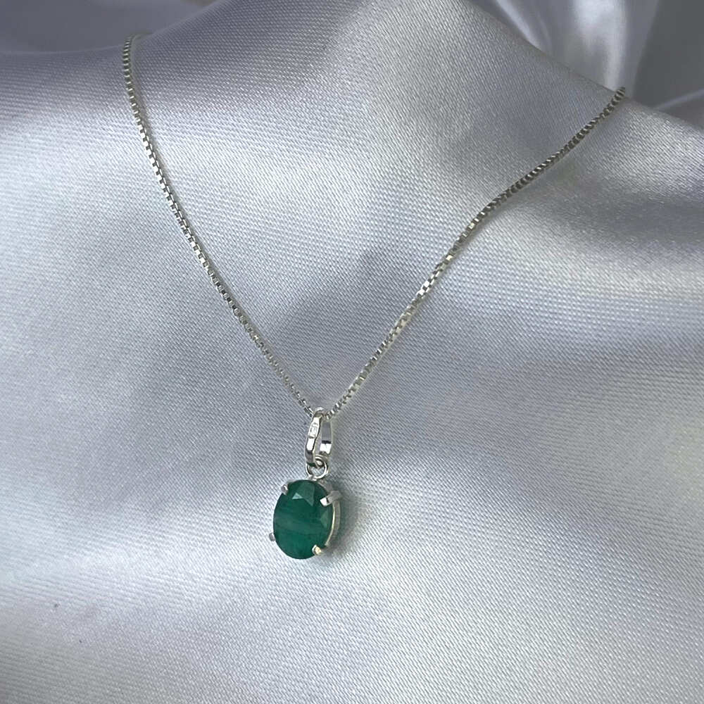 Silver Necklace with Natural Emerald Oval Stone | Aura Collection