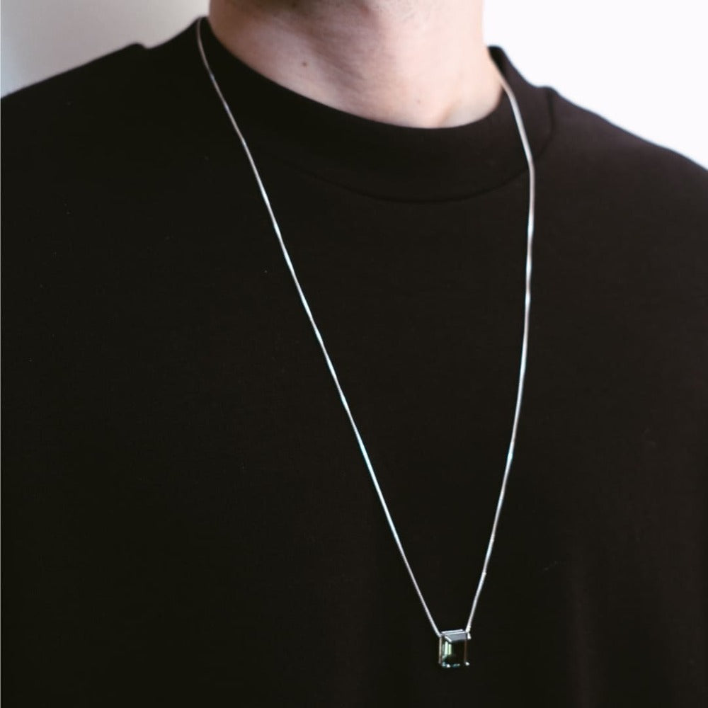 Hendrix Silver Necklace 925 with Natural Green Tourmaline Rectangular Stone | Voices Collection