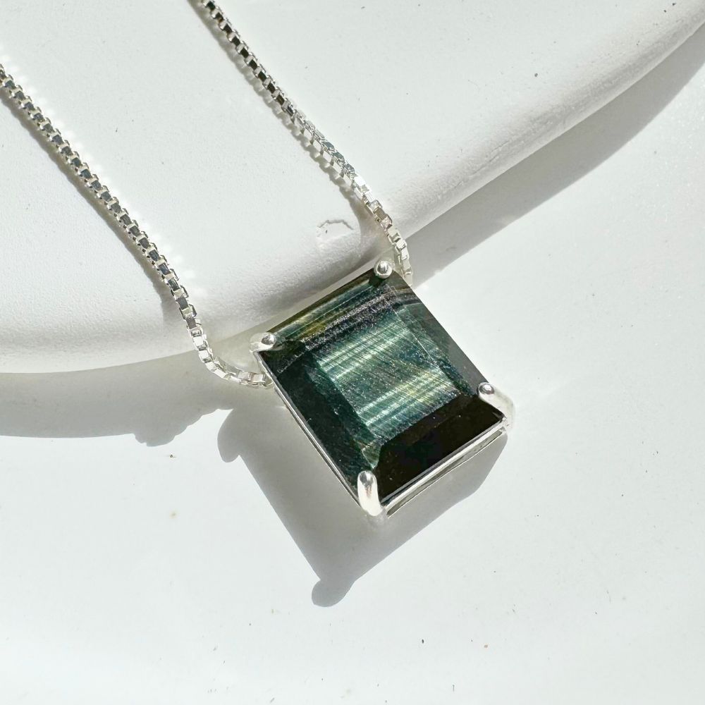 Jackson Silver Necklace 925 with Natural Hawk Eye Rectangular Stone | Voices Collection