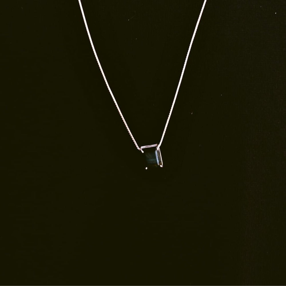 Jackson Silver Necklace 925 with Natural Hawk Eye Rectangular Stone | Voices Collection