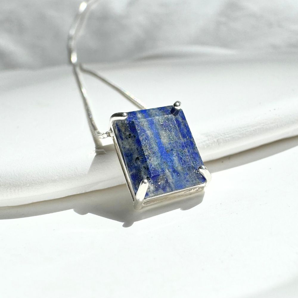 Lamar Silver Necklace 925 with Natural Lapis Lazuli Rectangular Stone | Voices Collection