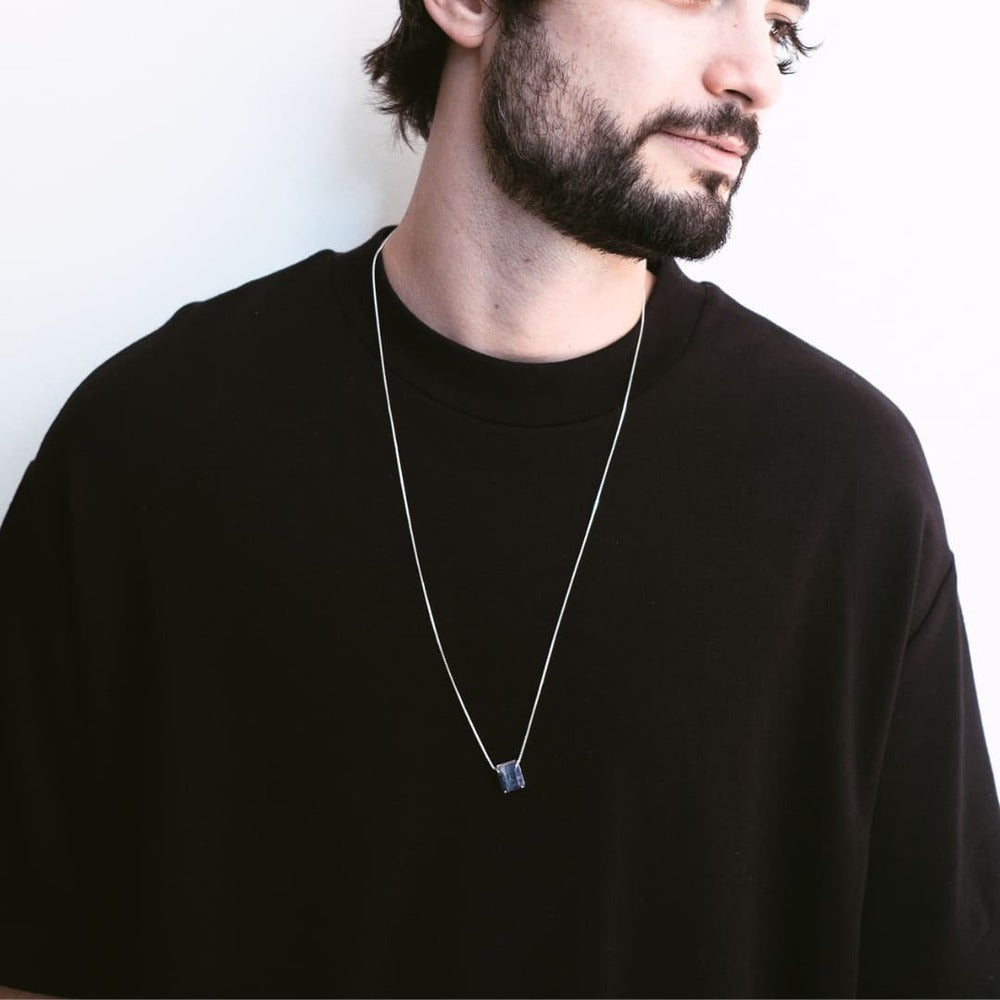 Lamar Silver Necklace 925 with Natural Lapis Lazuli Rectangular Stone | Voices Collection