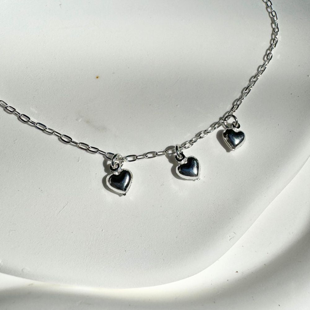 925 Sterling Silver 3 Hearts Choker