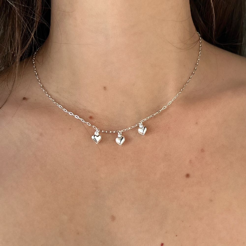 925 Sterling Silver 3 Hearts Choker