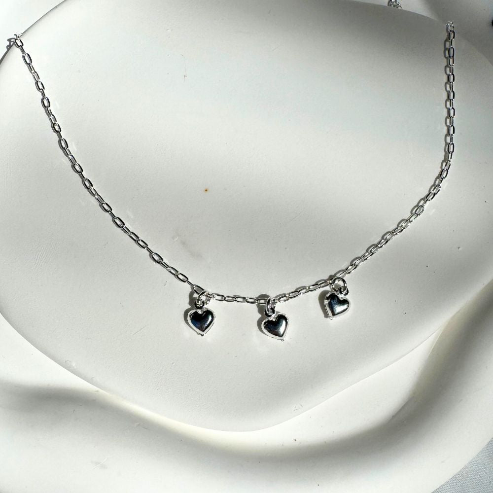 925 Sterling Silver 3 Hearts Choker