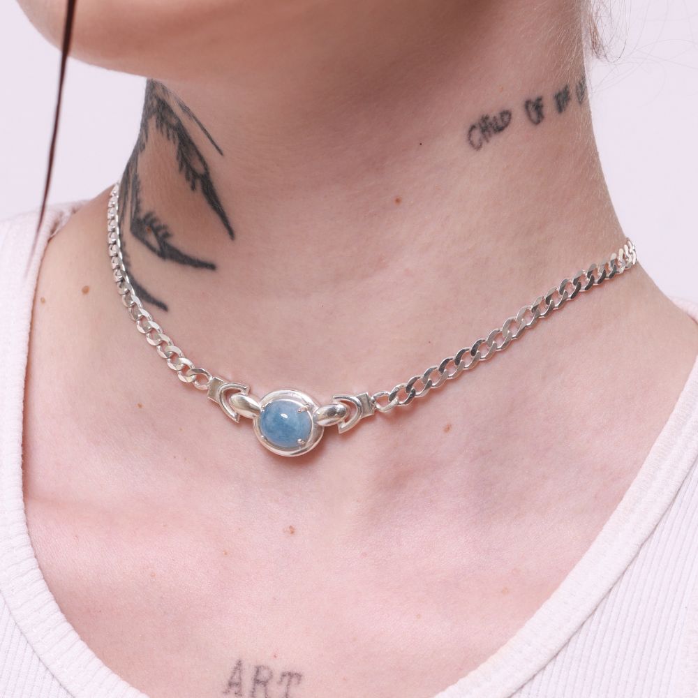 Sterling Silver Choker Necklace with Aquamarine