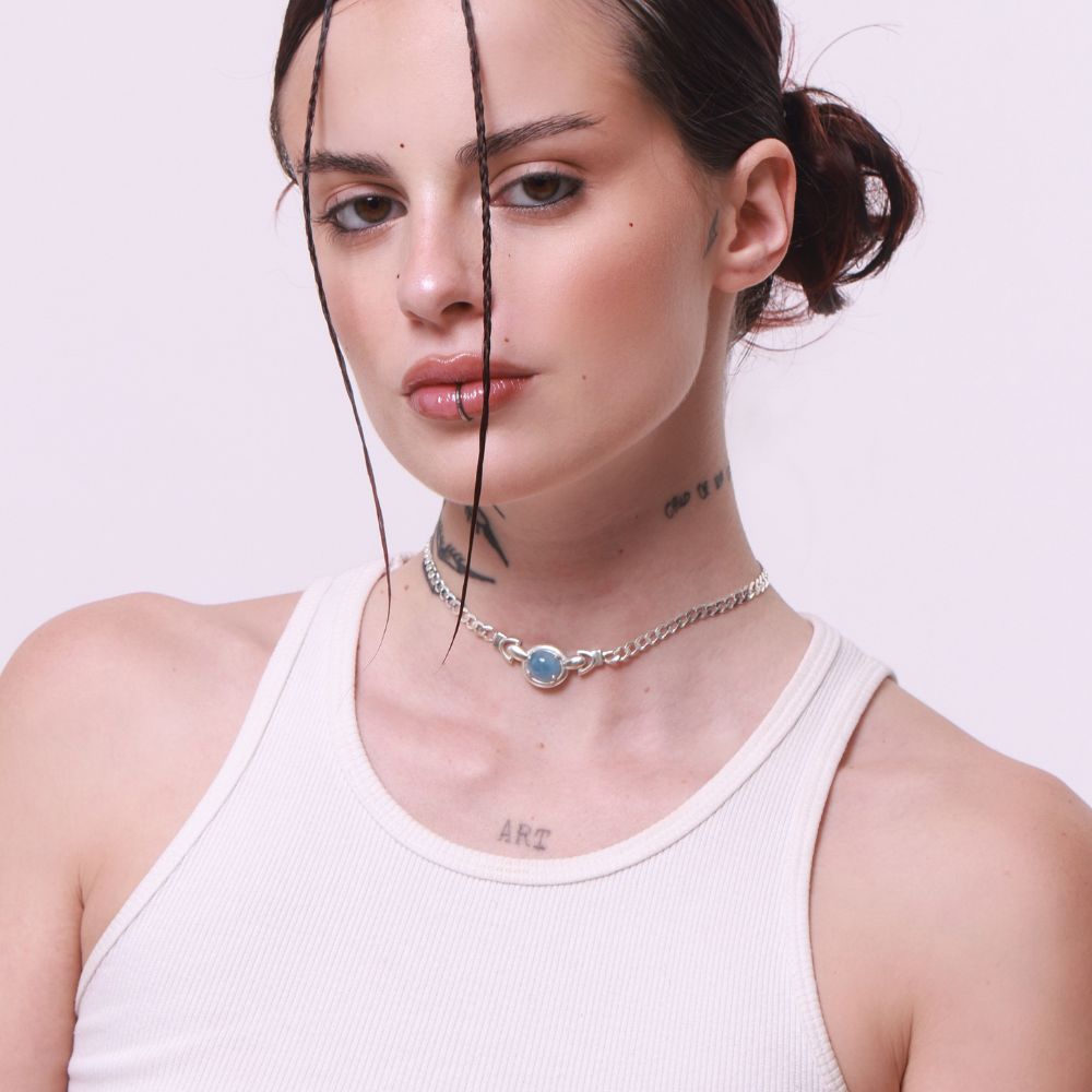 Sterling Silver Choker Necklace with Aquamarine