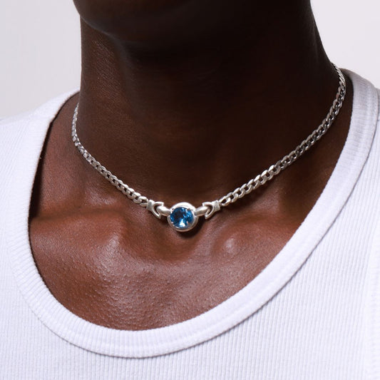 Sterling Silver Choker Necklace with Faceted London Blue Topaz