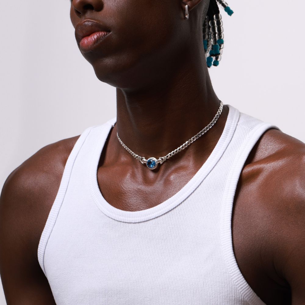 Sterling Silver Choker Necklace with Faceted London Blue Topaz