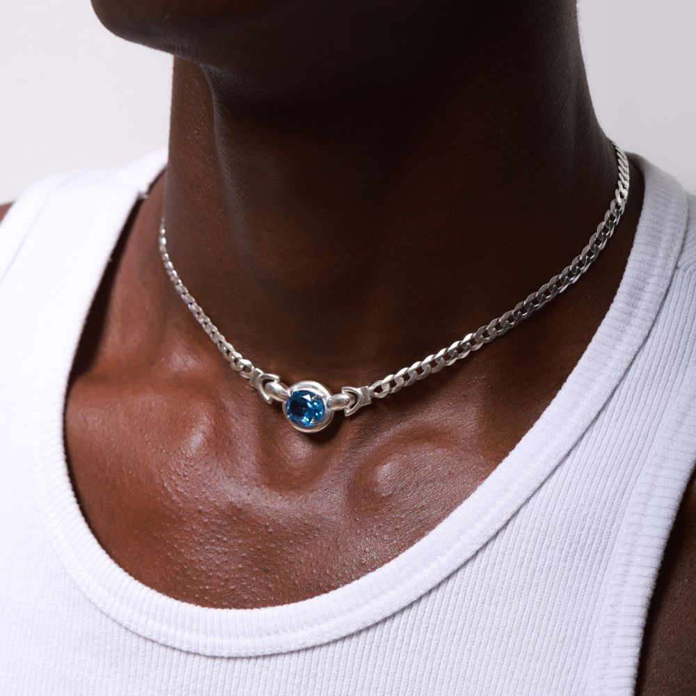 Sterling Silver Choker Necklace with Faceted London Blue Topaz