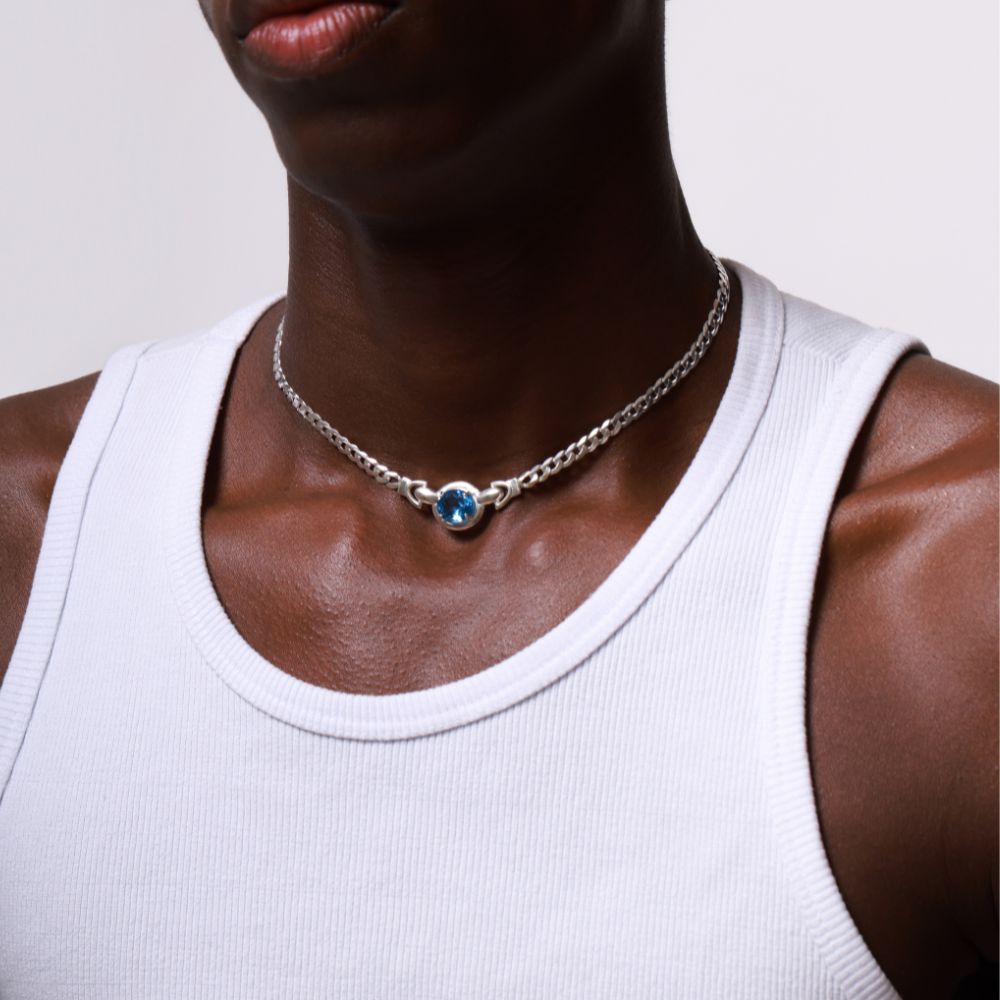 Sterling Silver Choker Necklace with Faceted London Blue Topaz