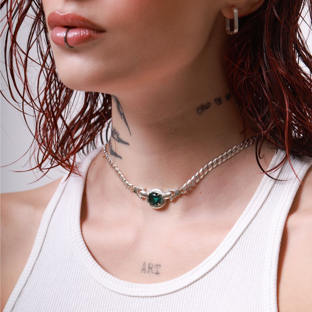 Sterling Silver Choker Necklace with Faceted Green Tourmaline