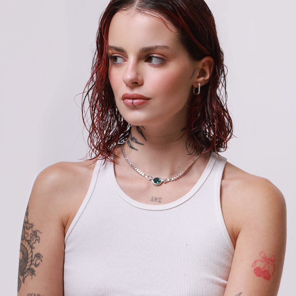 Sterling Silver Choker Necklace with Faceted Green Tourmaline