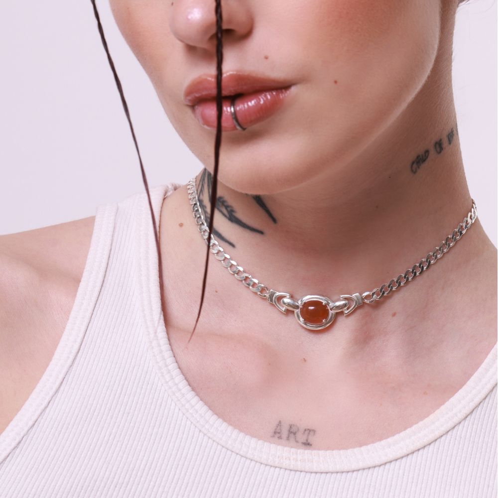 Sterling Silver Choker Necklace with Carnelian