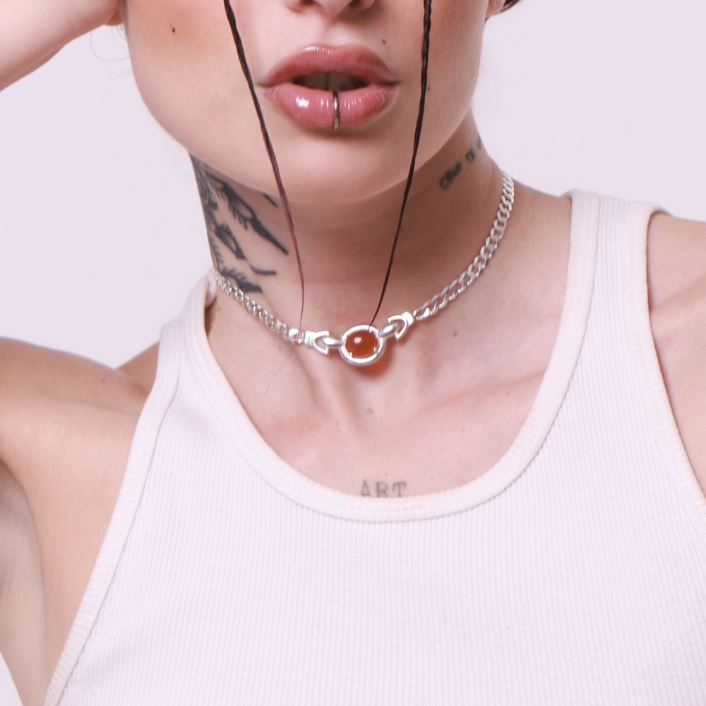 Sterling Silver Choker Necklace with Carnelian