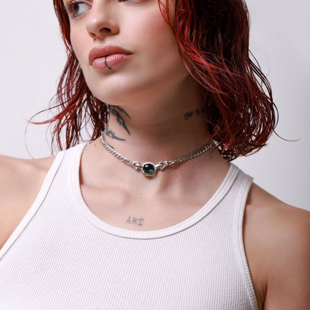Serpent Eye Sterling Silver Choker with Oval Green Tourmaline