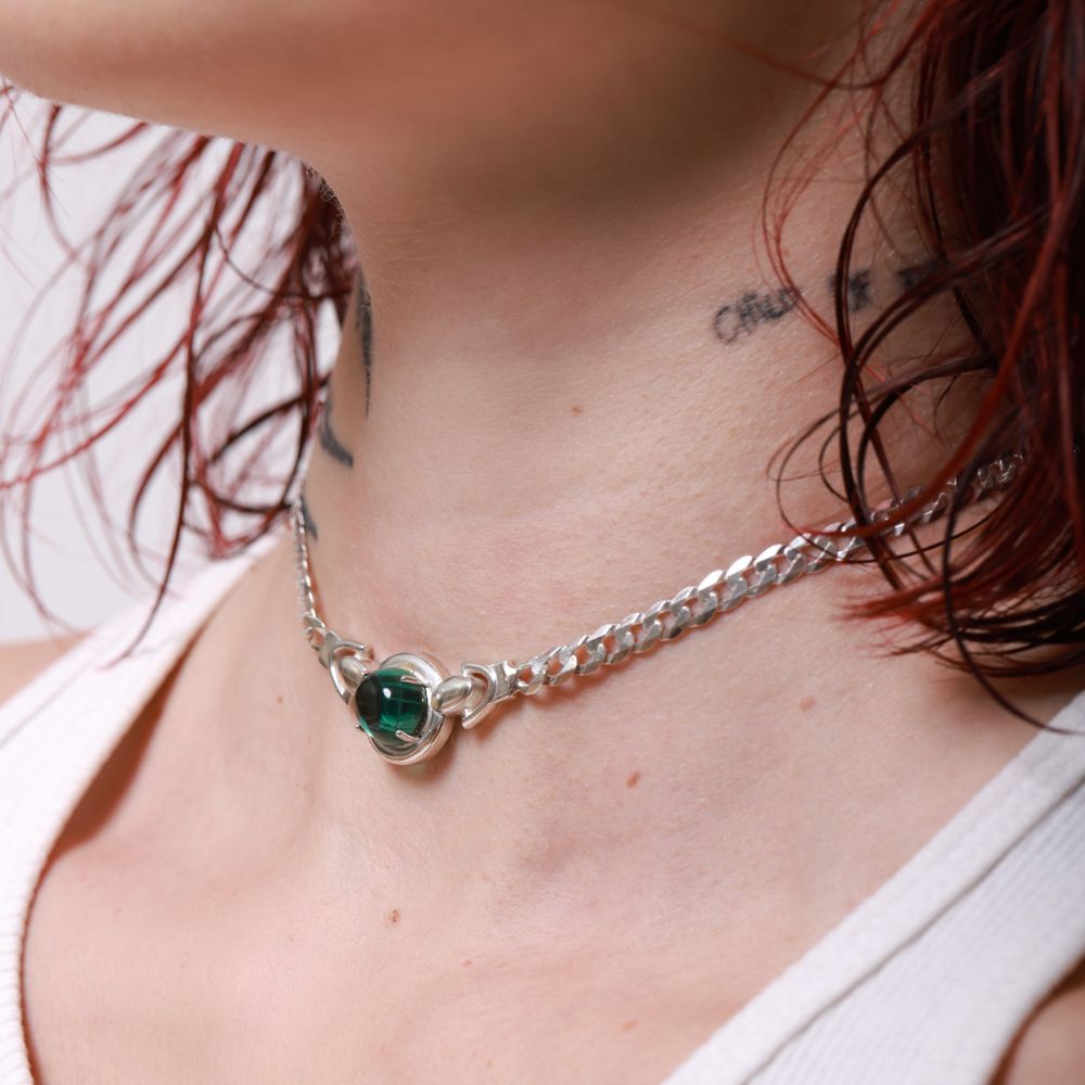 Serpent Eye Sterling Silver Choker with Oval Green Tourmaline