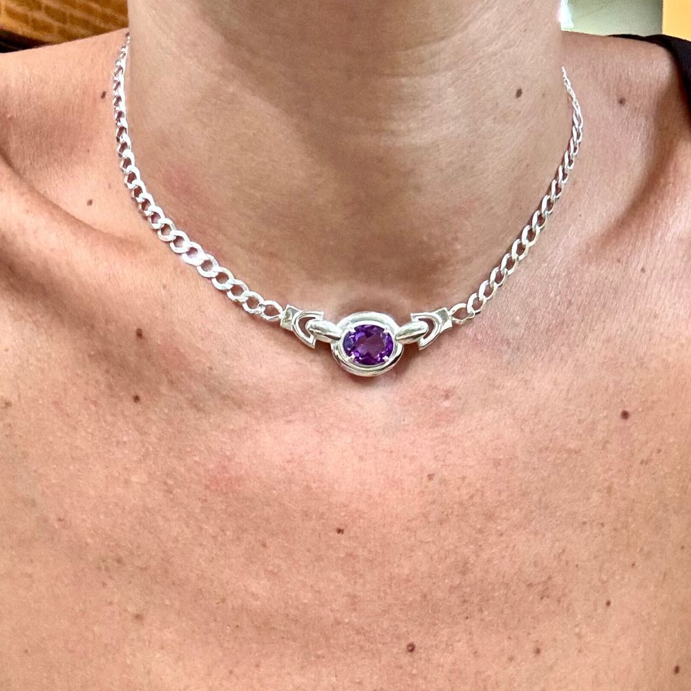 Deep Purple Sterling Silver Choker with Faceted Amethyst