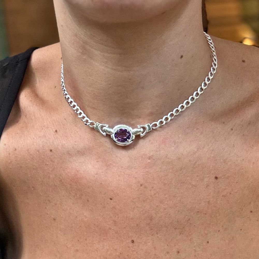 Deep Purple Sterling Silver Choker with Faceted Amethyst