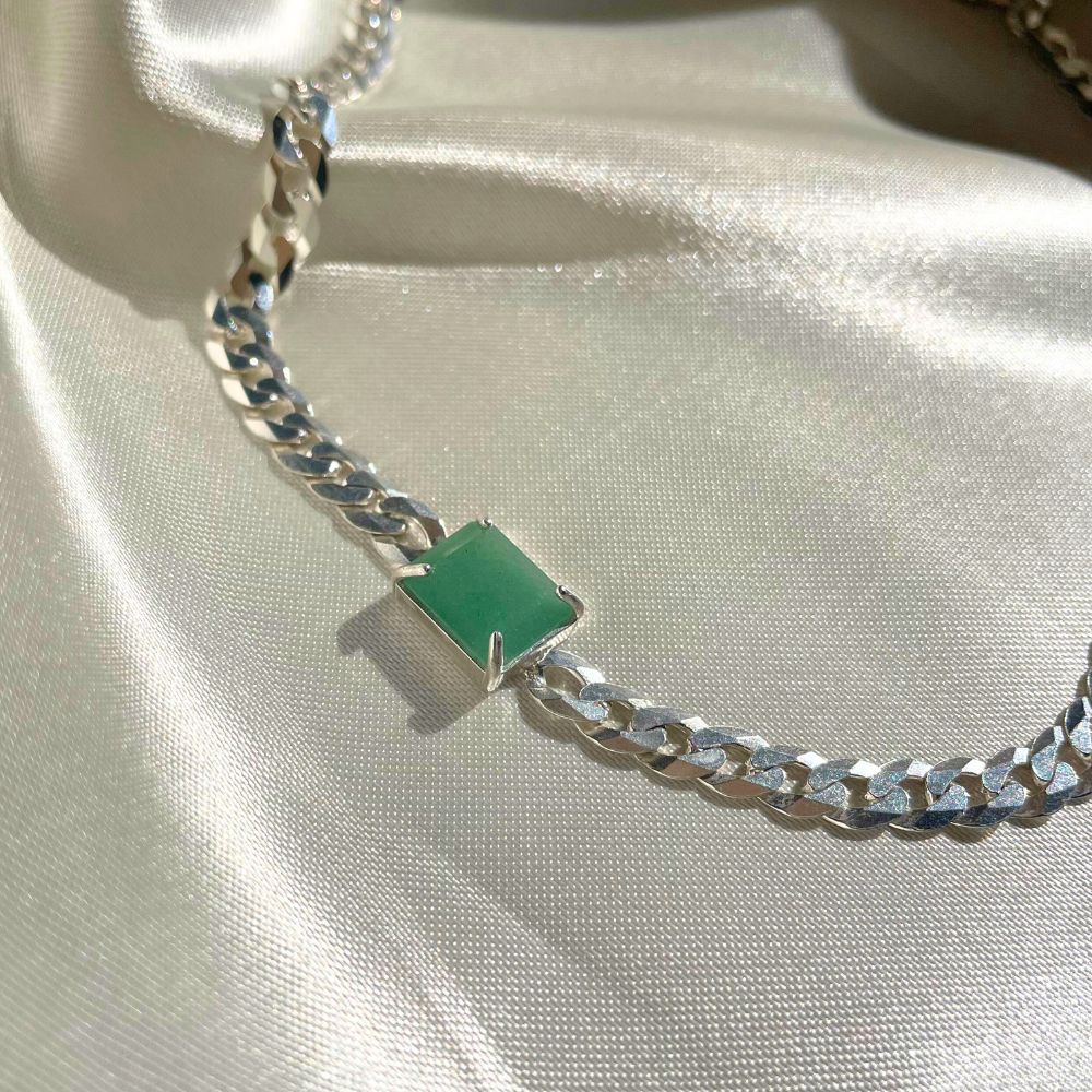 Sterling Silver Choker Necklace with Rectangular Green Quartz