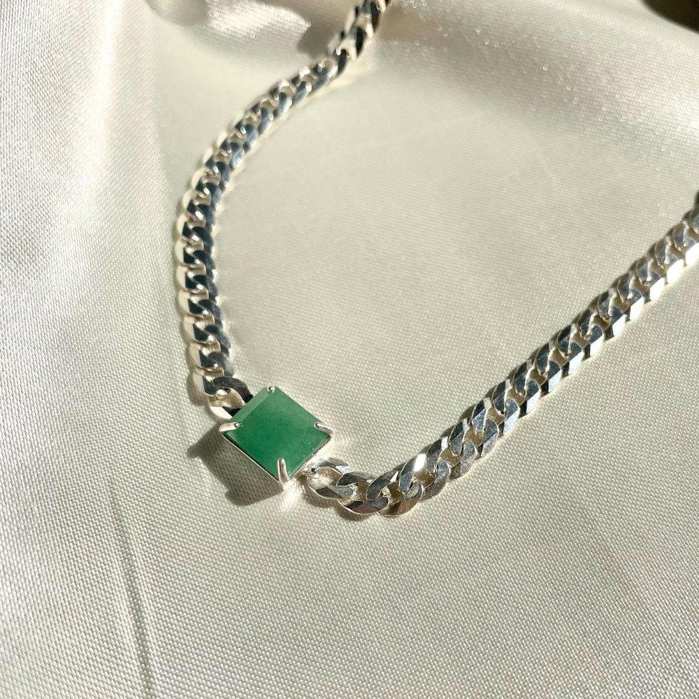 Sterling Silver Choker Necklace with Rectangular Green Quartz