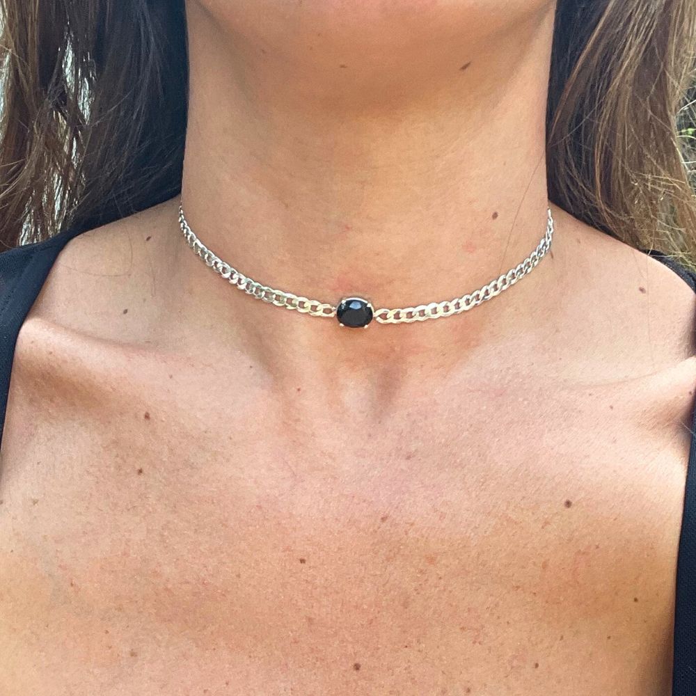 Sterling Silver Choker Necklace with Oval Onyx