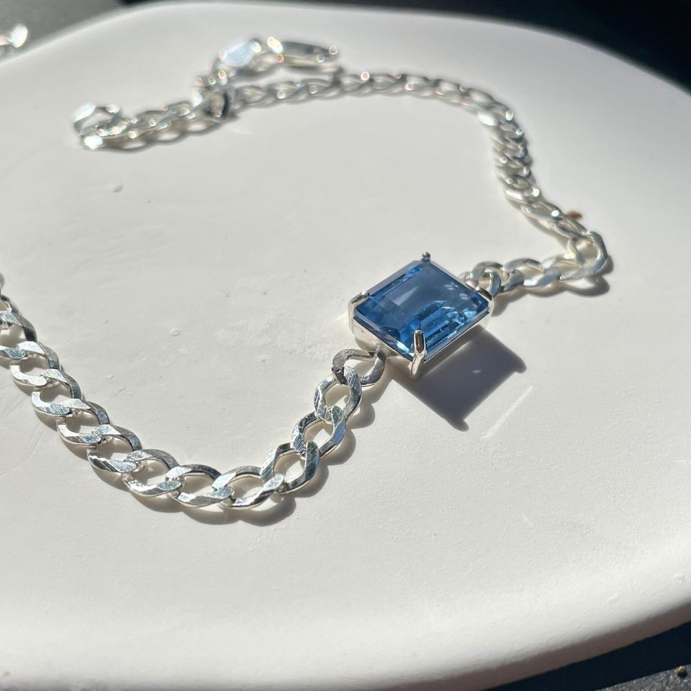 Sterling Silver Choker Necklace with Rectangular London Blue Topaz